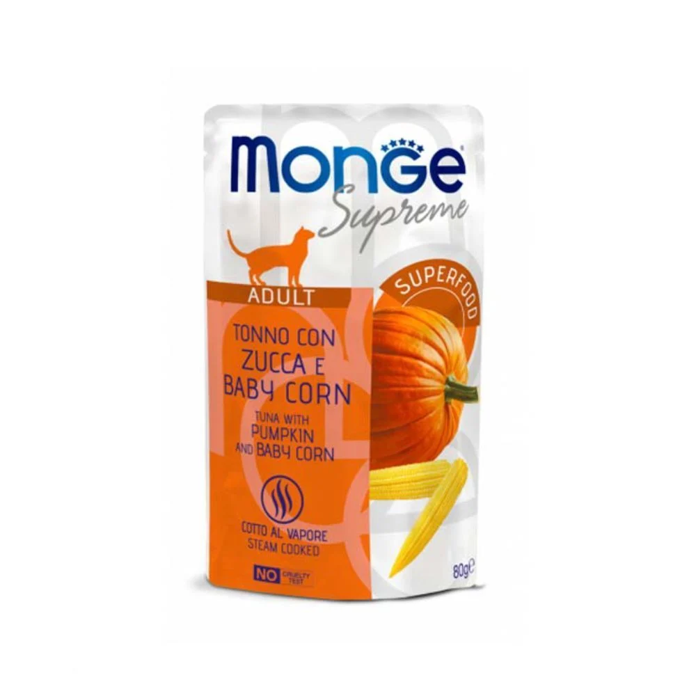 Вологий корм для котів Monge Supreme Adult 80 г - тунець, гарбуз та молода кукурудза Вологий корм для котів Monge Supreme Adult 80 г - тунець, гарбуз та молода кукурудза