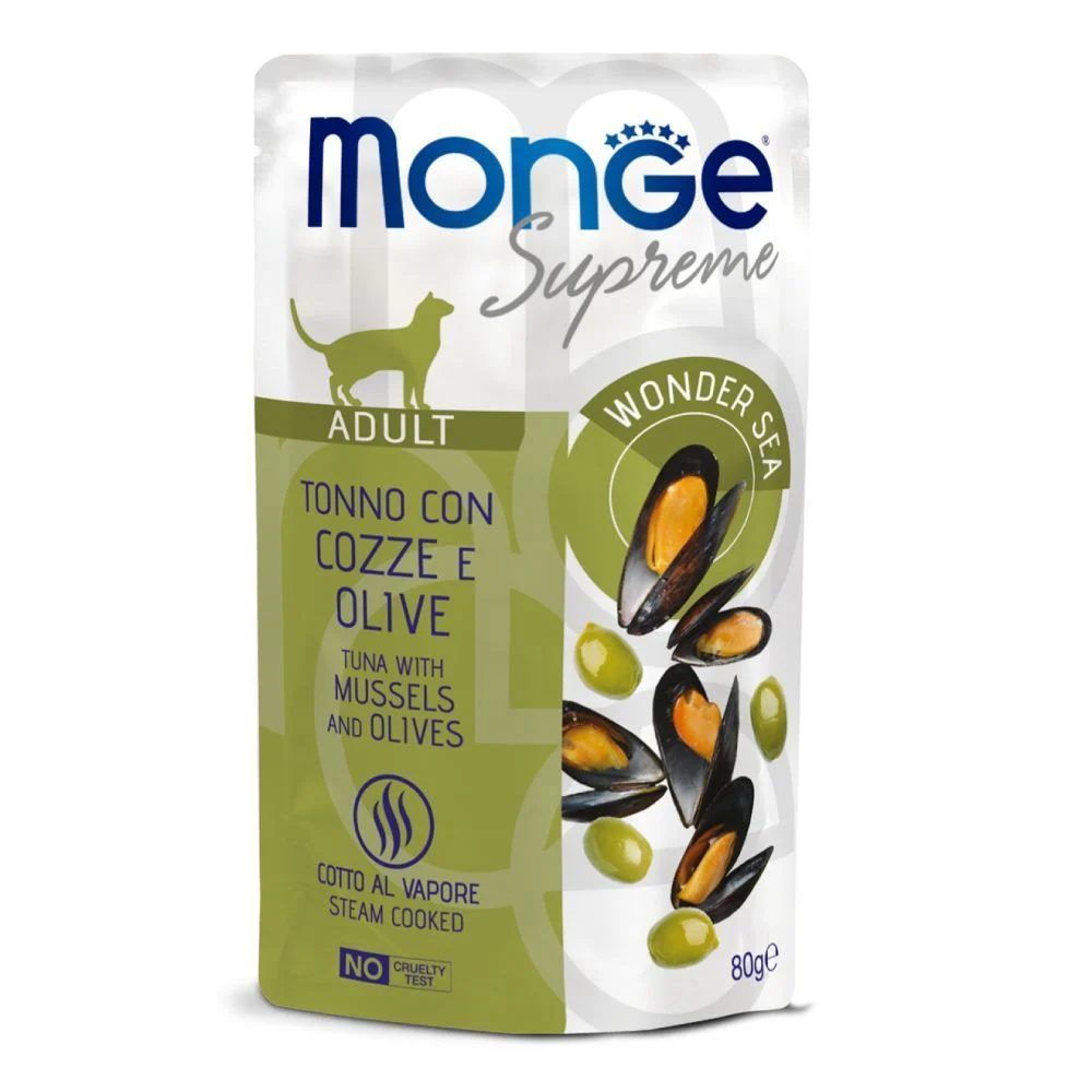 Вологий корм для котів Monge Supreme Adult 80 г - тунець, мідії та оливки Вологий корм для котів Monge Supreme Adult 80 г - тунець, мідії та оливки