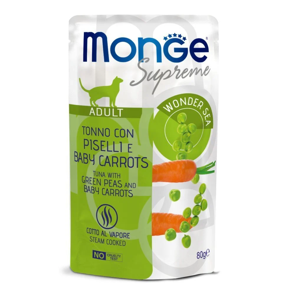 Вологий корм для котів Monge Supreme Adult 80 г - тунець, зелений горошок та молода морква Вологий корм для котів Monge Supreme Adult 80 г - тунець, зелений горошок та молода морква