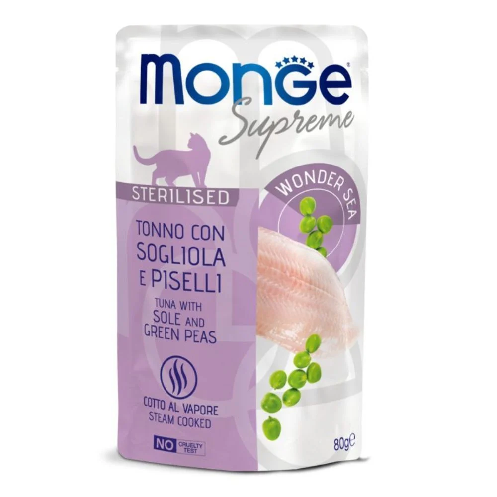 Вологий корм для котів Monge Supreme Sterilised 80 г - тунець, камбала та зелений горошок Вологий корм для котів Monge Supreme Sterilised 80 г - тунець, камбала та зелений горошок