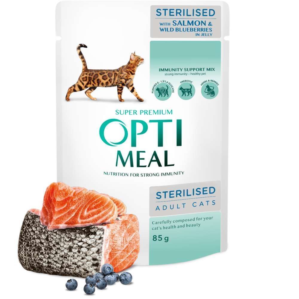 Вологий корм для котів Optimeal Sterilised Adult 85 г - лосось та чорниця